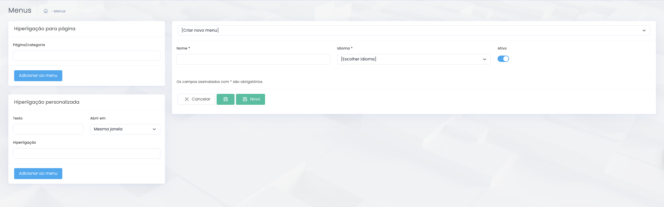 Painel de criação de novo menu
